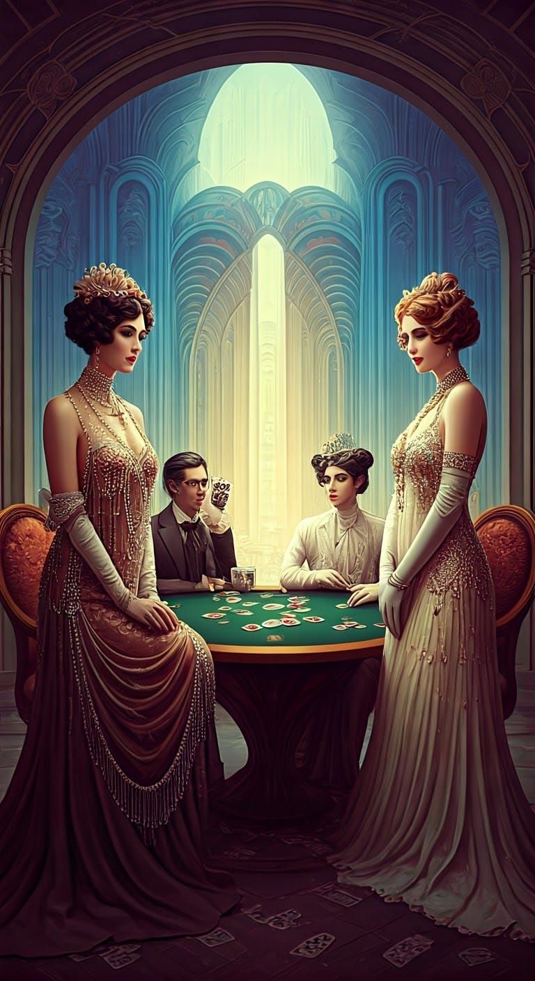 Cyberpunk Aristocrats Playing Poker in Art Deco Style