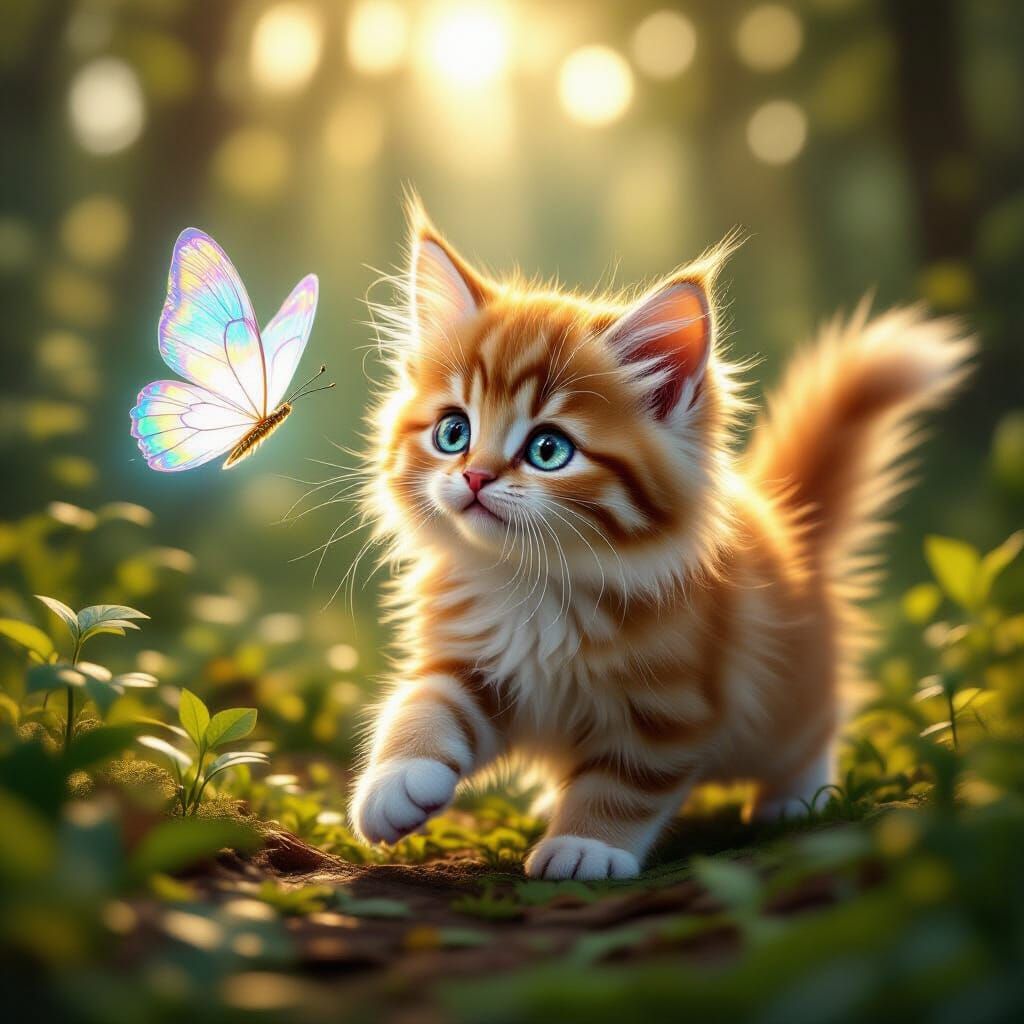 Adorable Ginger Kitten Chasing Crystal Butterfly in Enchante...