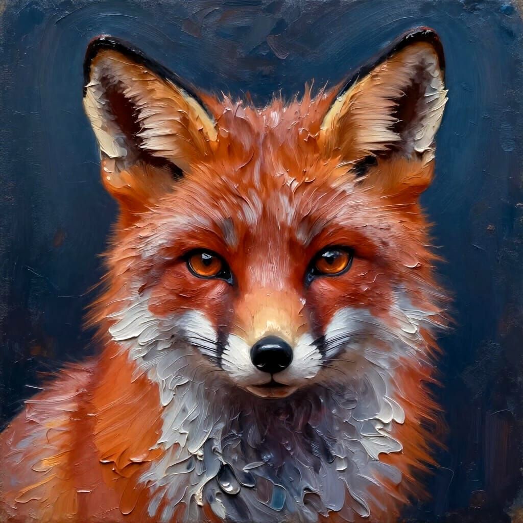 Impasto Fox Portrait in Copper and Blue Tones