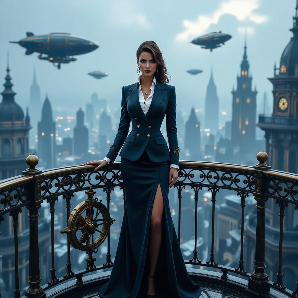 Steampunk Businesswoman on Balcony Overlooking Neo-Noir City
