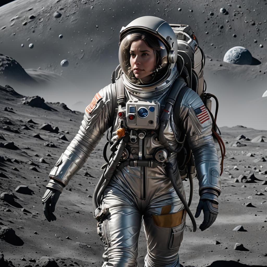 001 A beautiful female astronaut wearing a silver spacesuit on the moon.