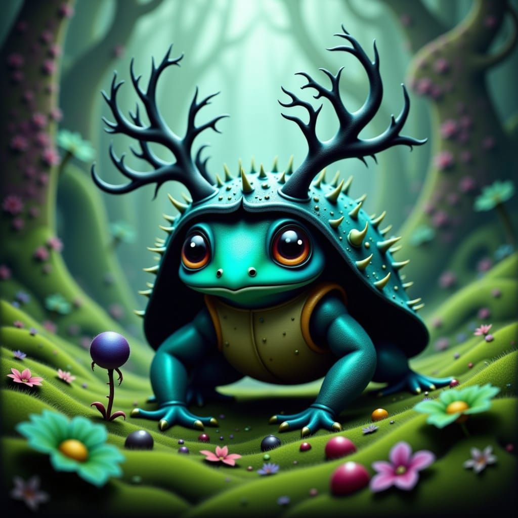 Adorable Frog-Tortoise Creature Holding Berry in Detailed Fa...