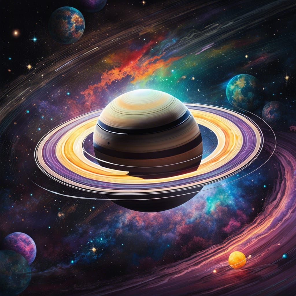 Fantasy Saturn with Glowing Galaxy Ring in Impressionism Sty...