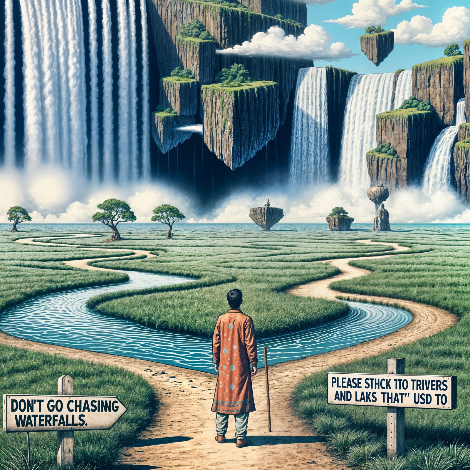 Surreal Graphic Novel Scene: Rivers and Waterfalls