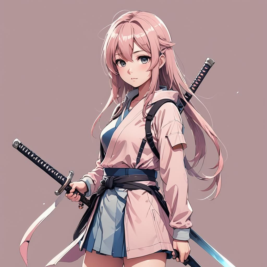 Sad Anime Girl with Katana in Manga Scan Style