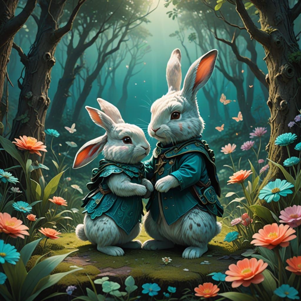 Romantic Bunnies in a Whimsical Dreamlike Forest
