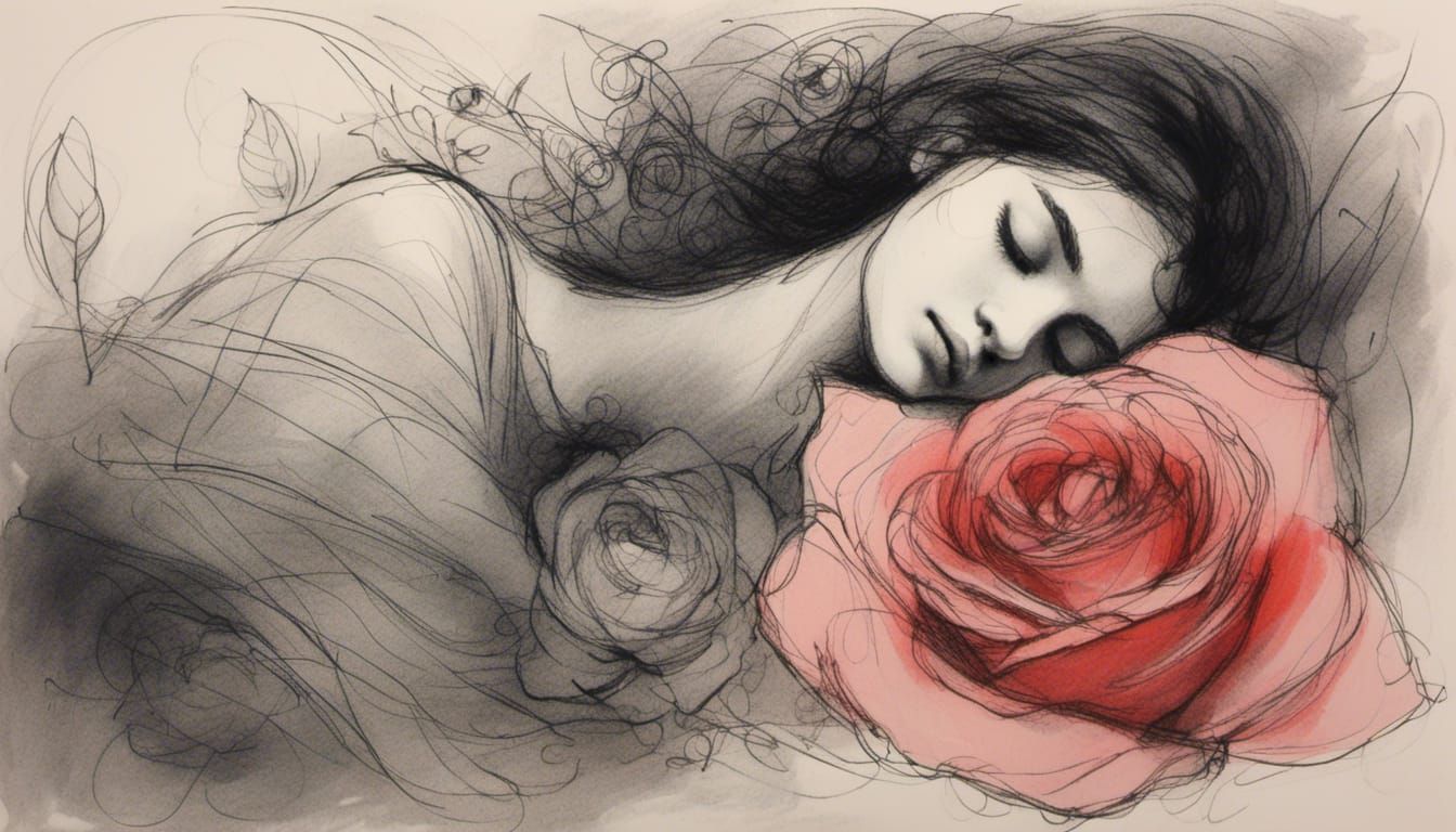 Fairy Napping in Rose: Charcoal and Gouache