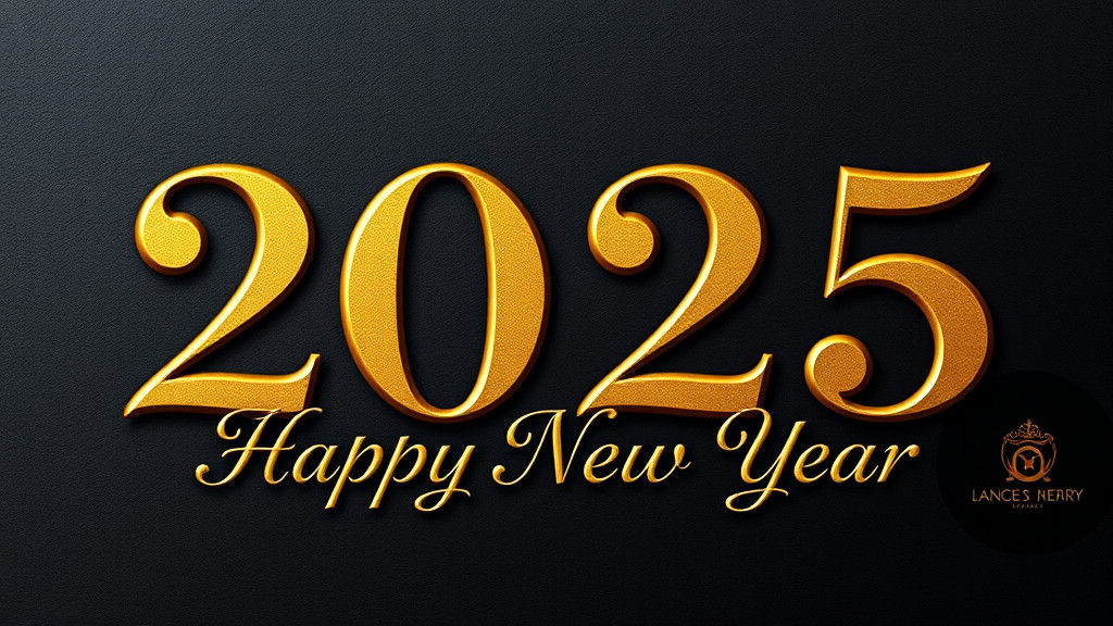 Luxurious serif font with "2025" in embossed gold foil and "...