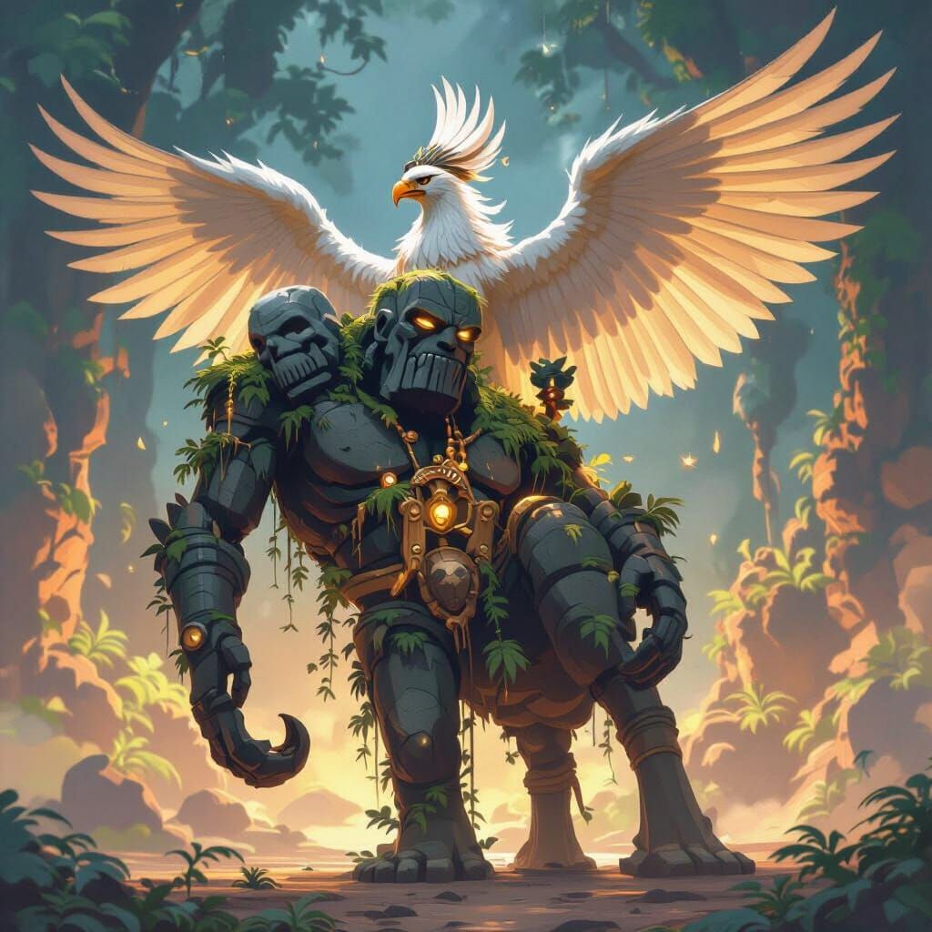 Ancient Golem and Garuda in Mystical Jungle