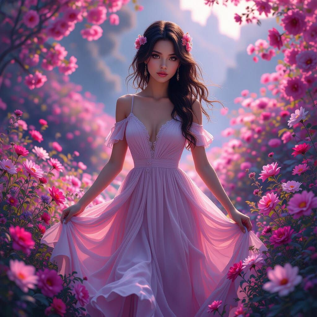 Fantasy Girl with Flowers in Matte Painting Style