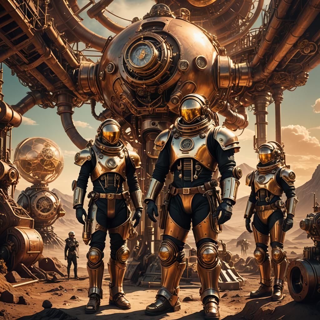 Steampunk Explorers on Alien Planet in Golden Light