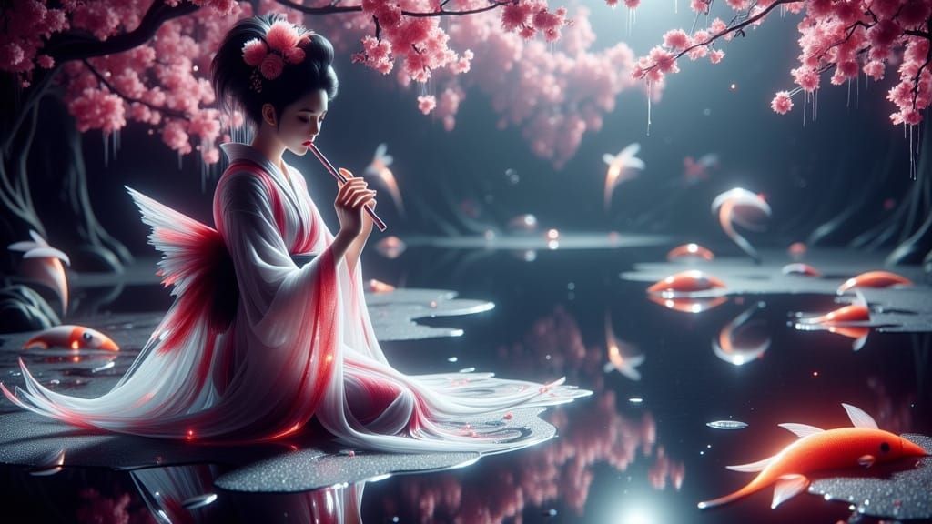 Geisha in Cybernetic Kimono in Twilight Garden