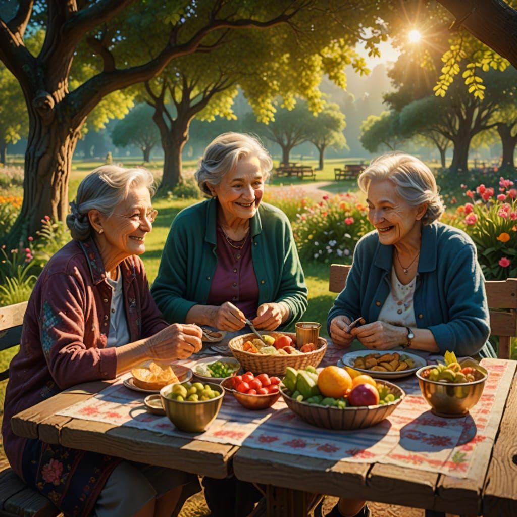 Elderly Women Enjoy a Whimsical Picnic in Golden Hour