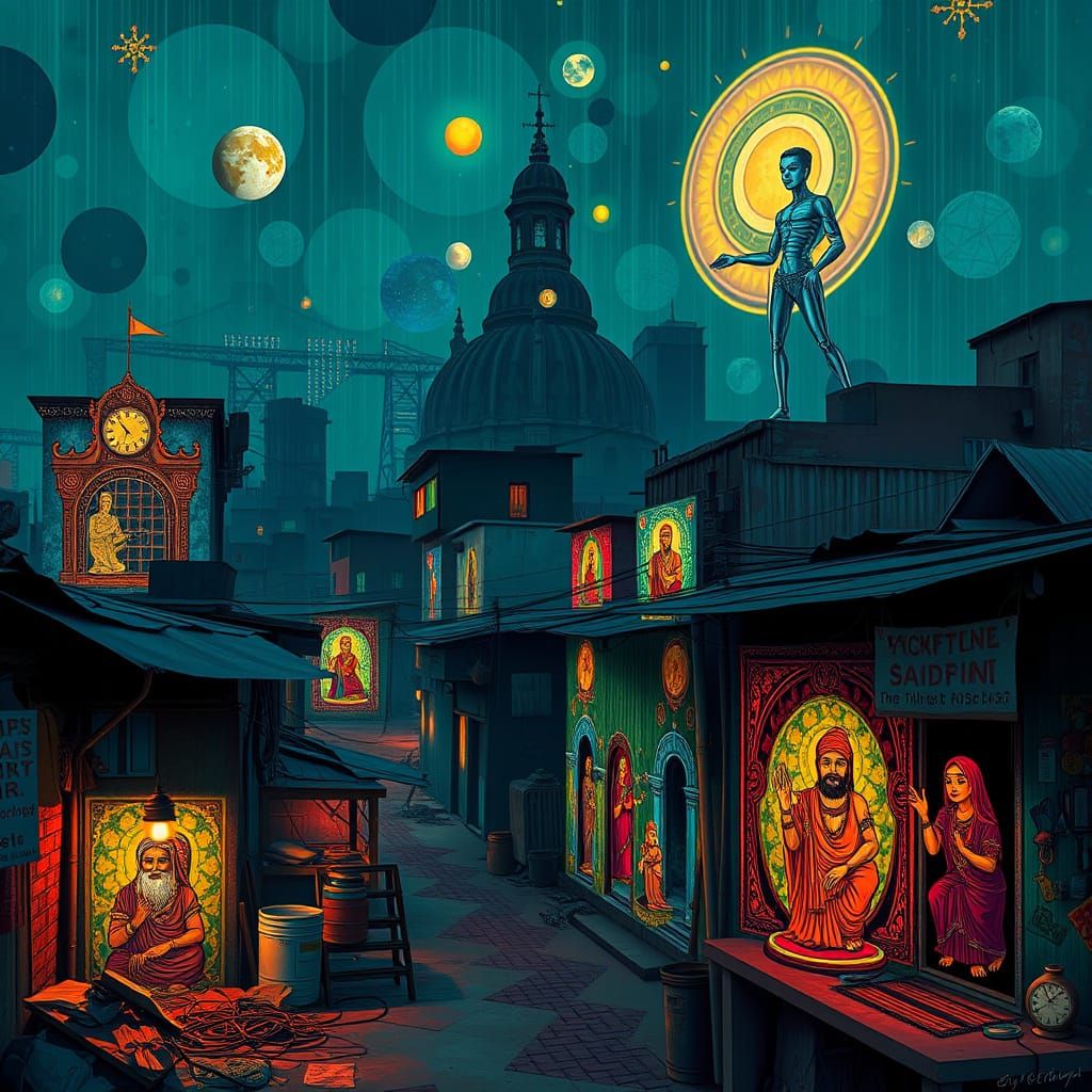 Neo-Kolkata Slums with Kalighat Art: Dystopian Sci-Fi