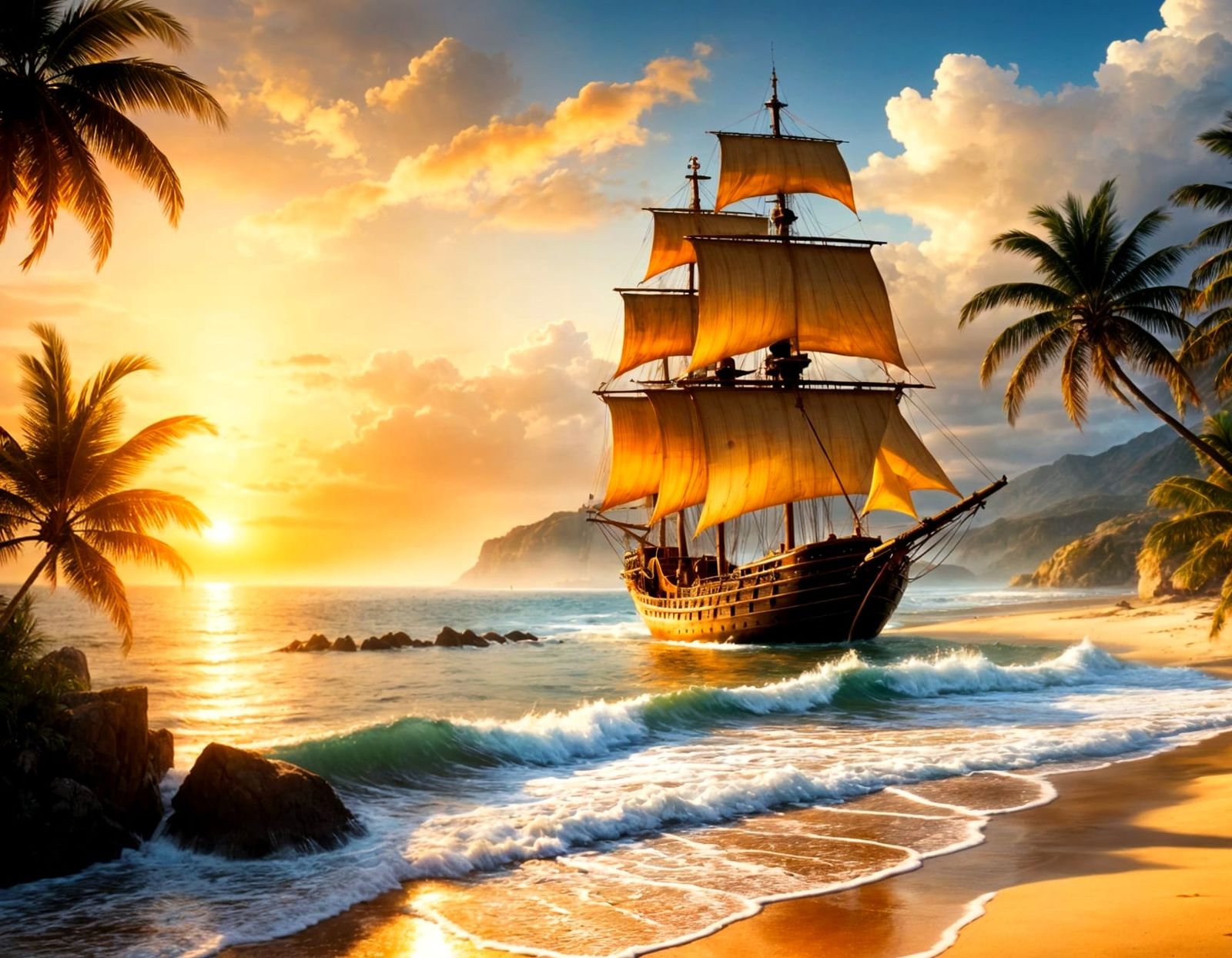 Golden Sunset Spanish Galleon on Serene Beach