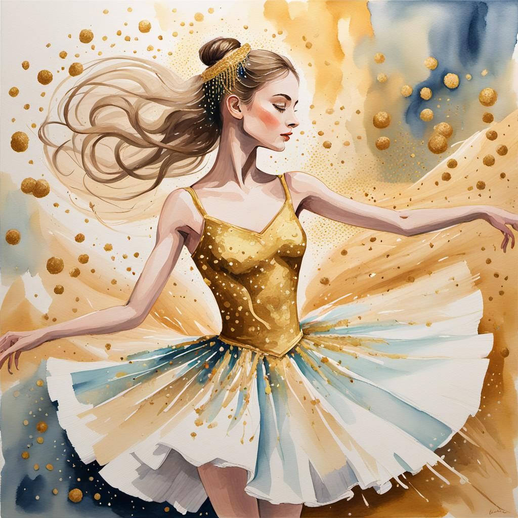 Ballerina in Golden Crumbs: Gouache Watercolor Painting