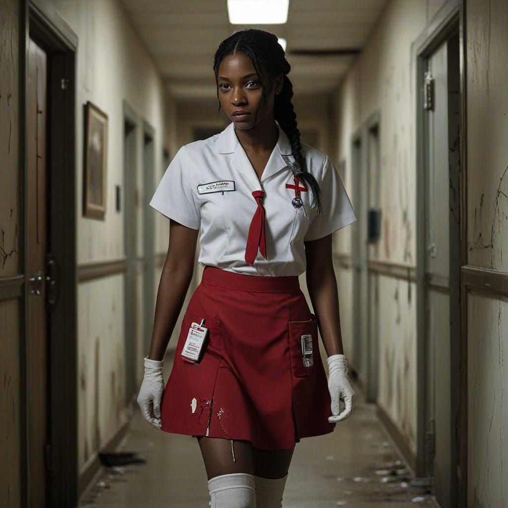 Surrealist Nurse in Decaying Hospital Hallway