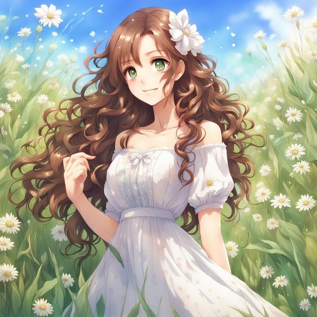 Anime Style Woman in Meadow of Flowers