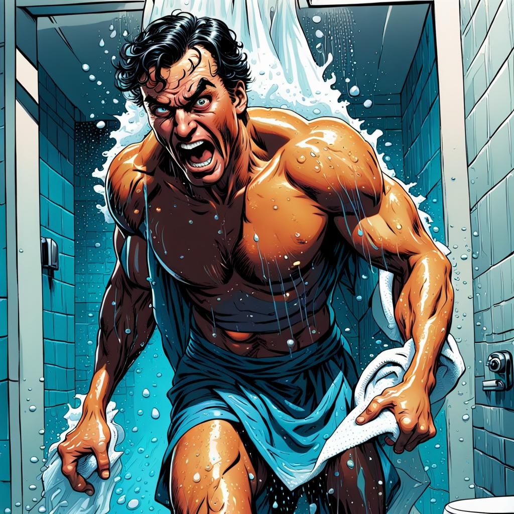 Funny Comic Book Scene of Shower Surprise