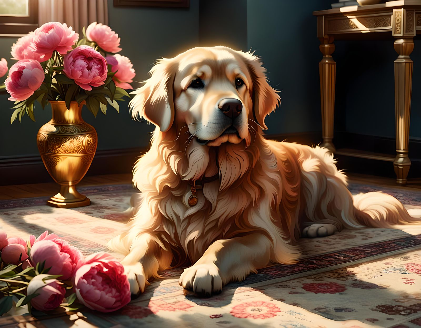 a golden retriever with peonies