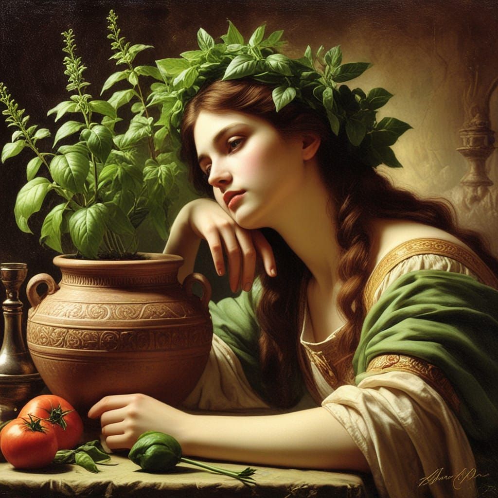 Elegant Woman in Moonlit Garden with Basil