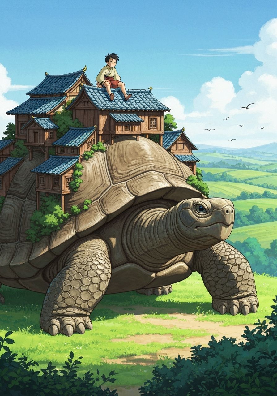 Whimsical Journey: Boy and Giant Tortoise