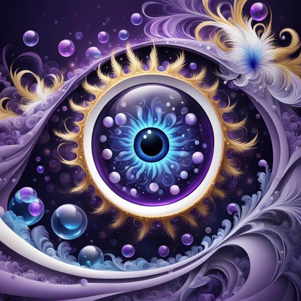 Surreal Eyeball Landscape with Bubbles and Stars