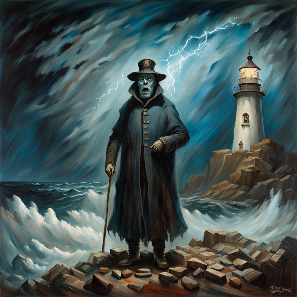 Eerie Ghost of Lighthouse Keeper in Impressionist Style