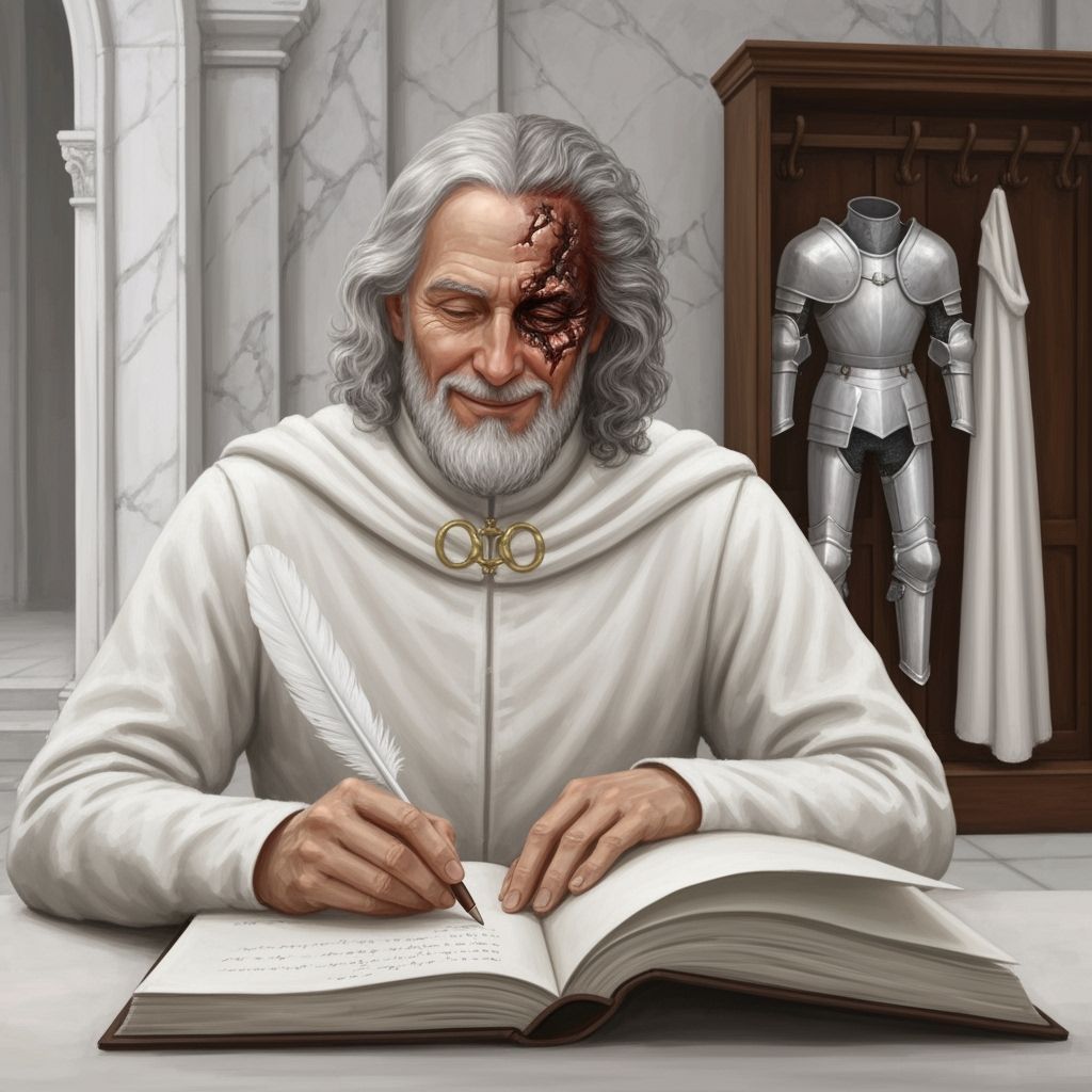 Knight in White Armor Smiling with Burned Face