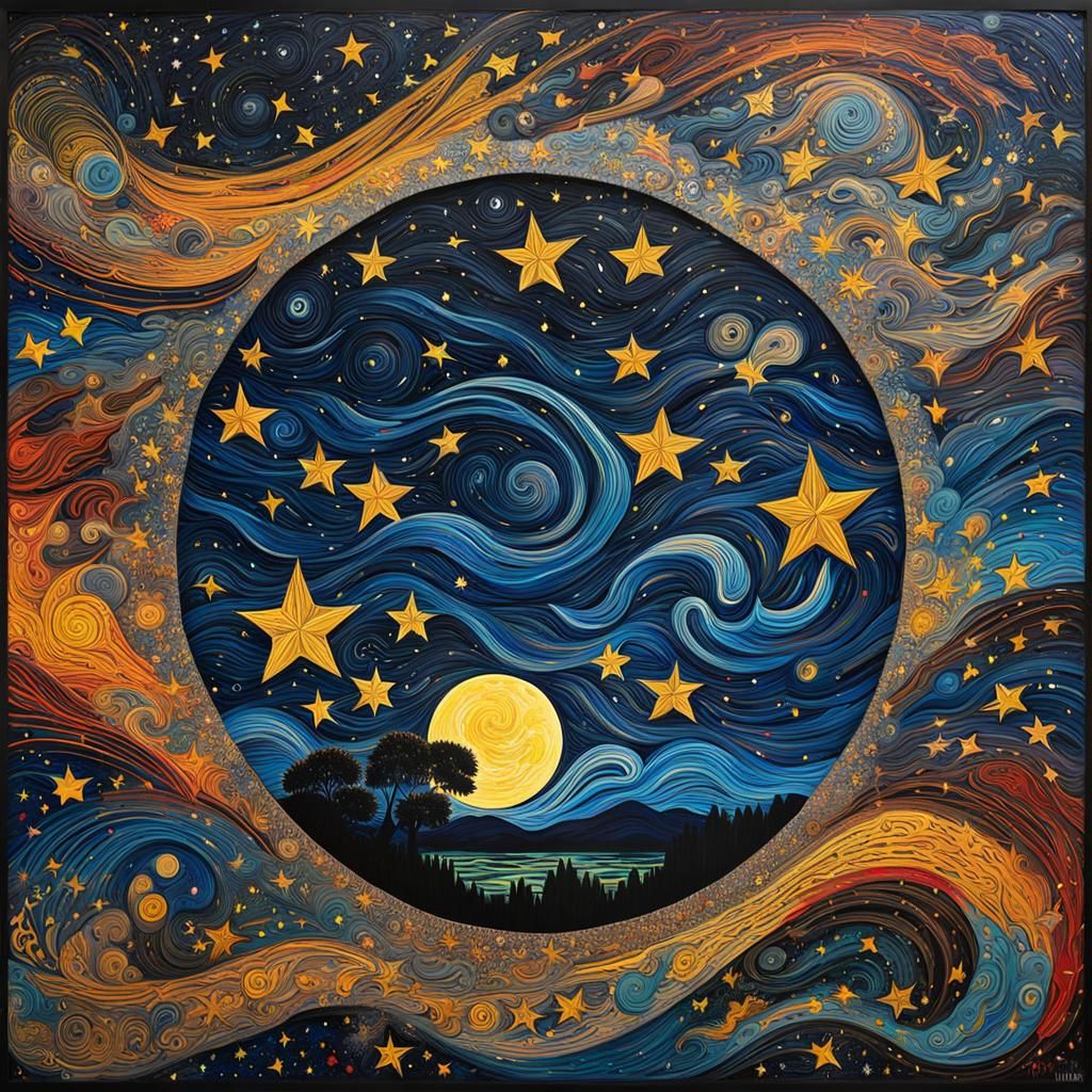 Intertwined Souls: Starry Night Woodcut Masterpiece