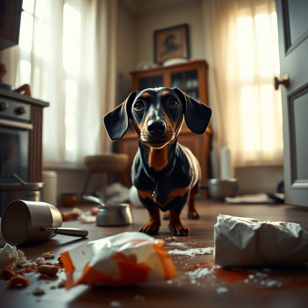 Dachshund on High Alert in a Luxury Kitchen