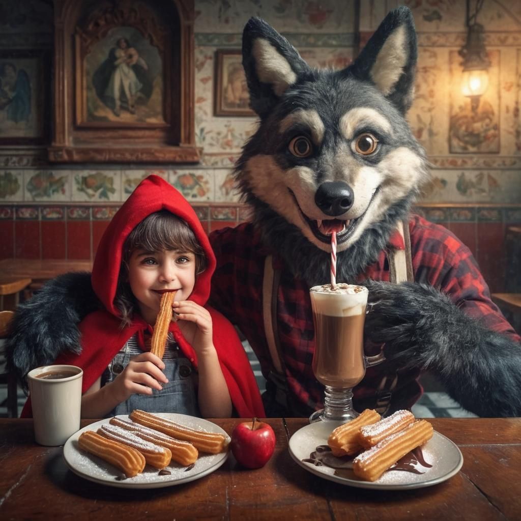 Caperucita roja y el lobo feroz desayunando un chocolate con...