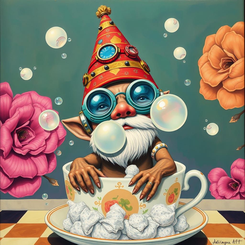 Gnome's Surreal Bubble Bath: A Pop Surrealism Vision