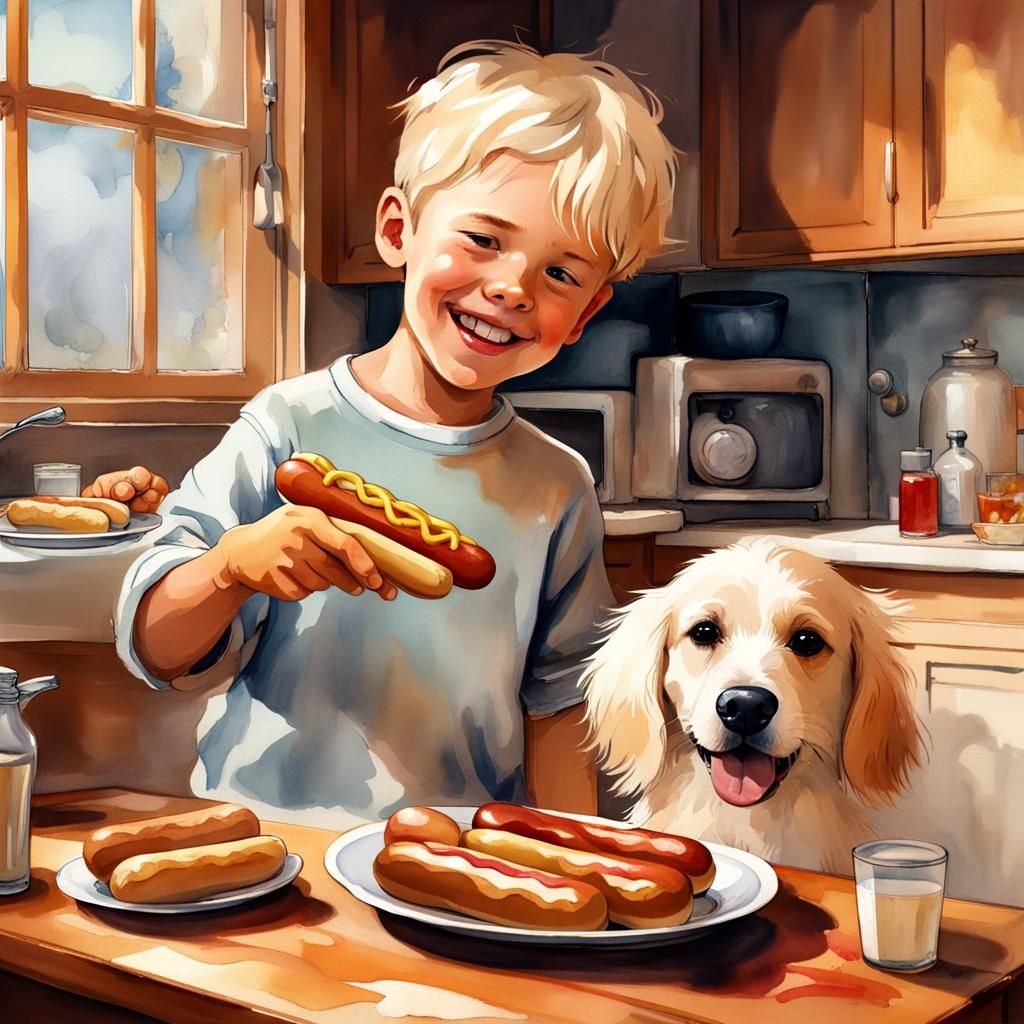 Boy and Dog Eye Hotdogs, Watercolor Art