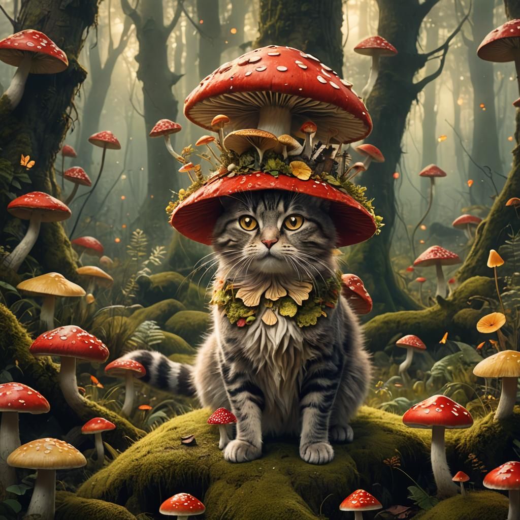 Cat Dressed as Mushrooms in Fantasy Forest