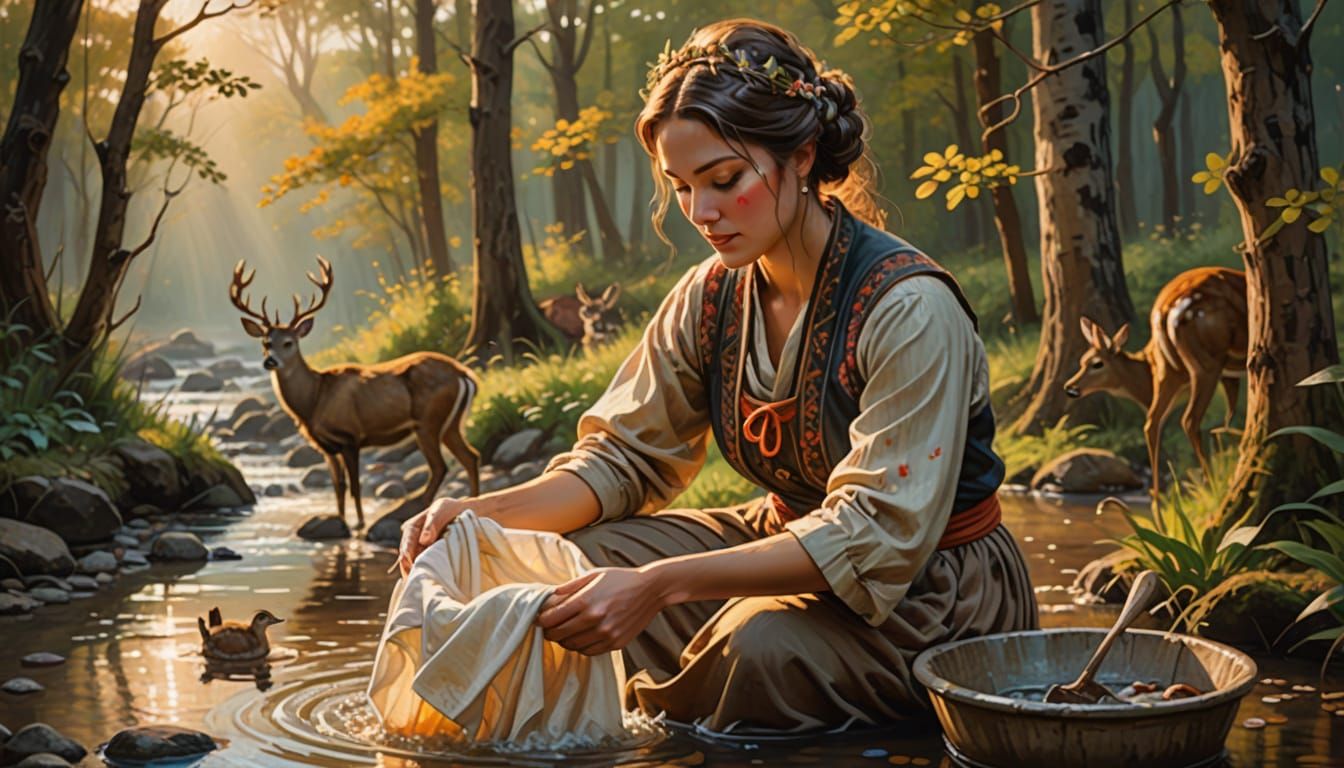 Woman Washing Clothes in Stream: Impressionist Oil Painting