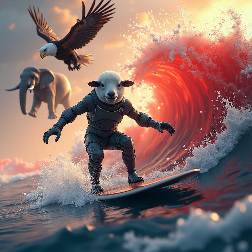 Sheep Surfing Crimson Wave with Military Style