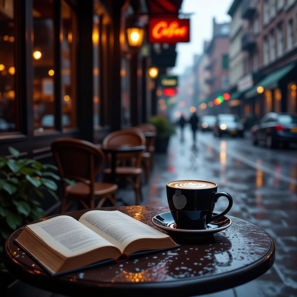 Rainy Coffee Shop in Surrealist Style