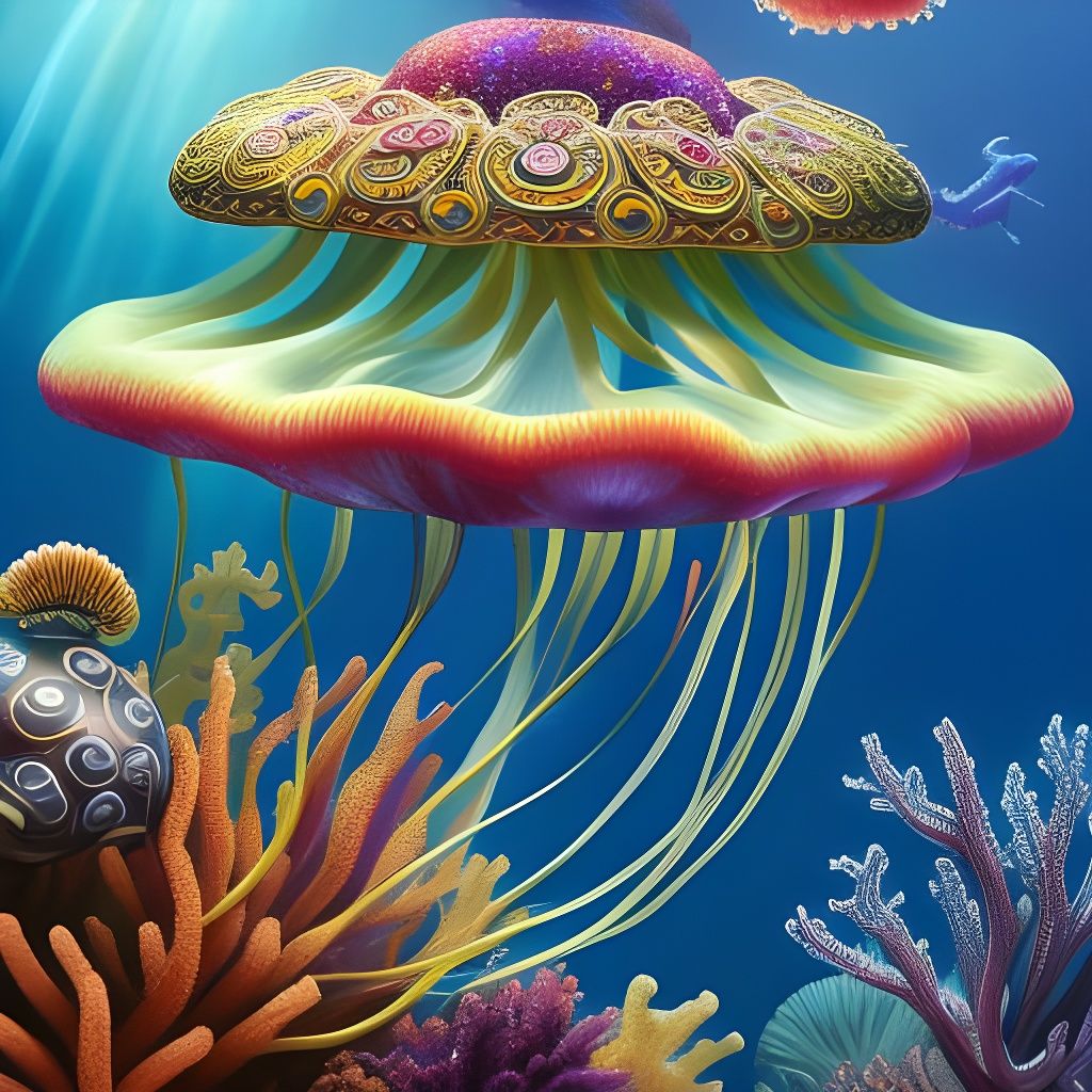 Bejeweled Jellyfish on Coral Reef, Rococo Style