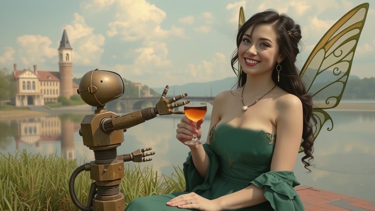 Victorian Fairy Woman With Robot Enjoying Wine Lakeside