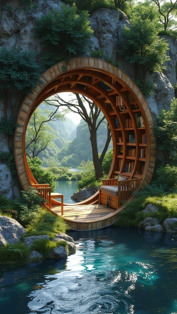 Round Wooden Portal to a Lush Oasis