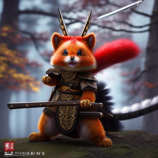 Angry Squirrel Samurai Warrior in Japanese Temple