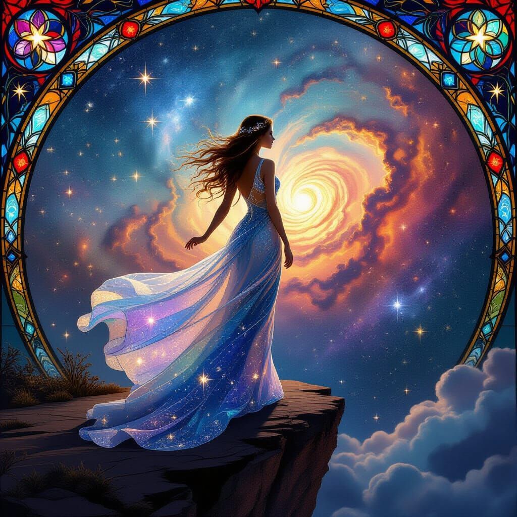 Ethereal Woman Overlooking Cosmic Nebula in Stained Glass St...