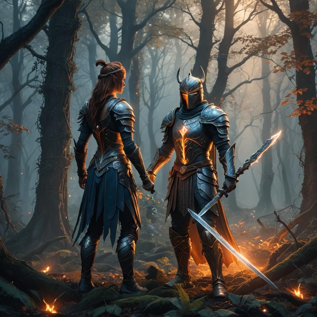Fantasy Warrior in Mystical Forest with Glowing Sword