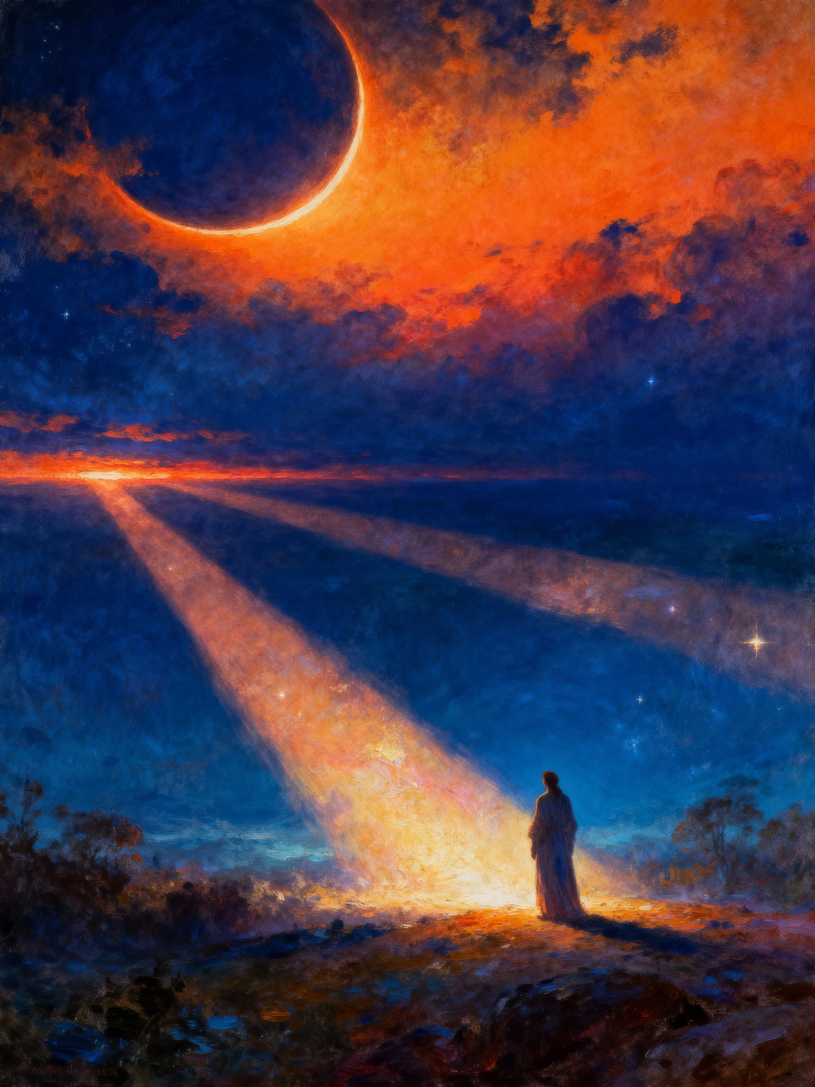 Lone Figure in Mystical Landscape During Celestial Eclipse