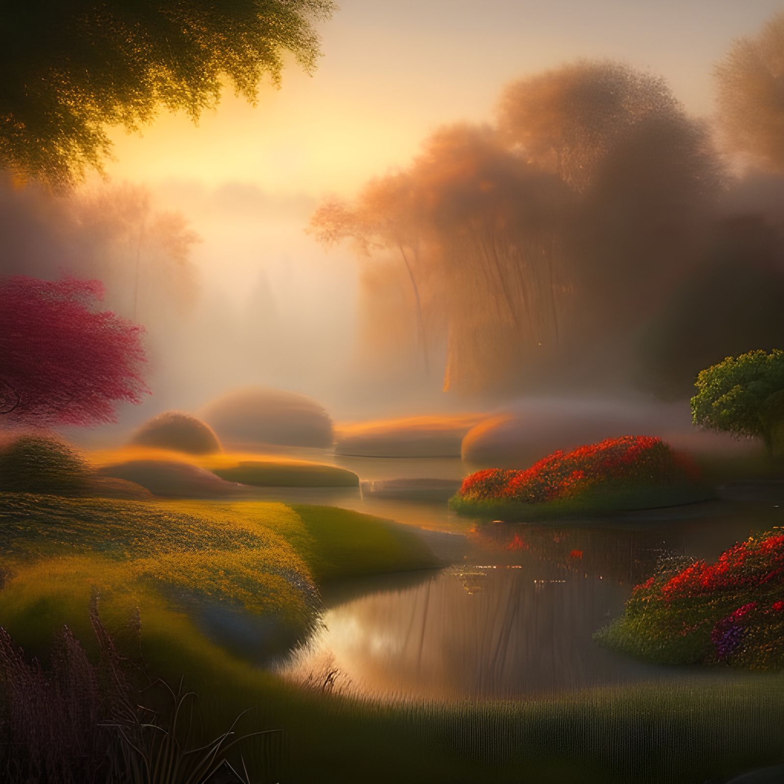 Dreamy Garden at Dawn: Tranquil Digital Art