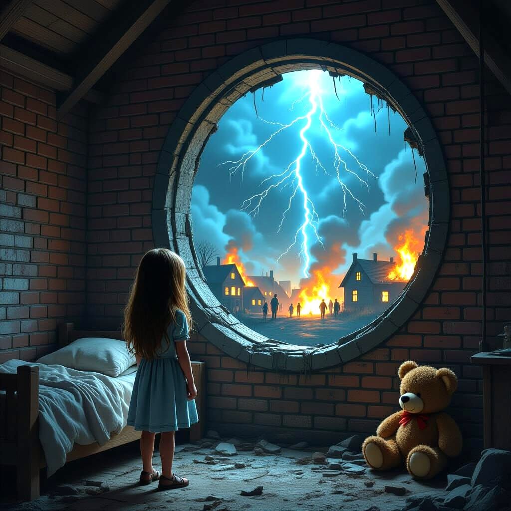 Girl Gazes Through Portal at Burning City