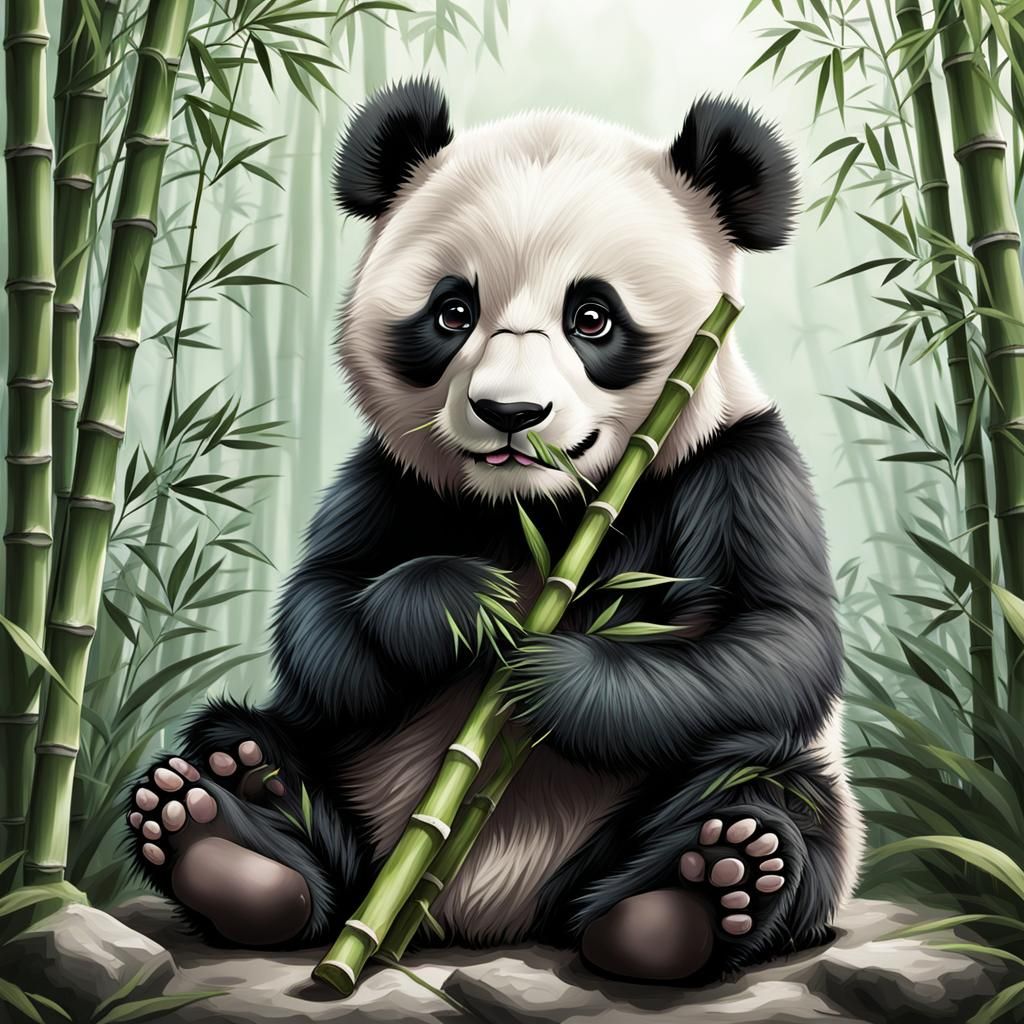 Detailed Anime Illustration of Baby Panda with Bamboo