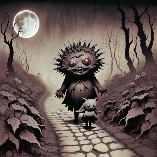 Dark Fantasy Creature's Moonlit Walk: Adorable Risograph Art