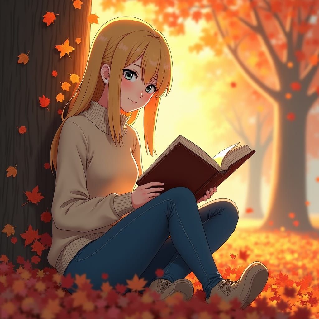 Anime Girl Reading Book in Autumn Light